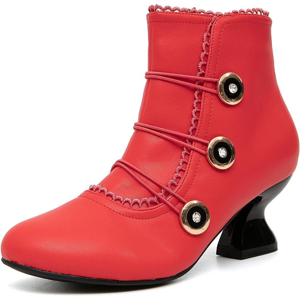 Women's Red Ankle Boots Low Heels Lace Buttons Round Toe Side Zipper - Picture 1 of 7
